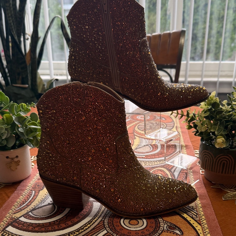 Women's Glitter Western Ankle Boots - Brown